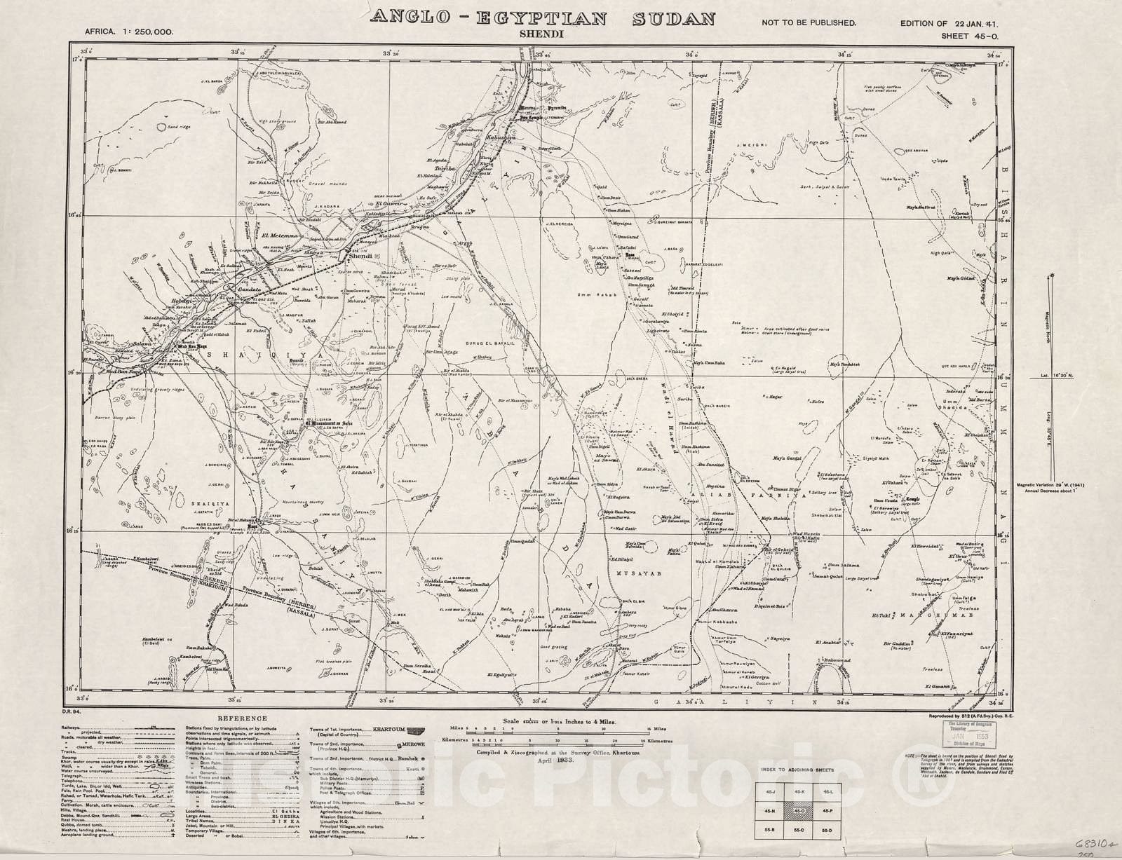 Historic 1909 Map - Sudan 1:250,000 - Shendi Sheet 45-O Apr 1933 - Anglo-Egyptian Sudan