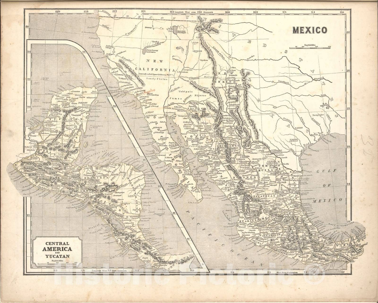 Historic 1842 Map - Morse's North American Atlas. - Mexico and Inset Map of Central America and Yucatan - Morse's cerographic maps