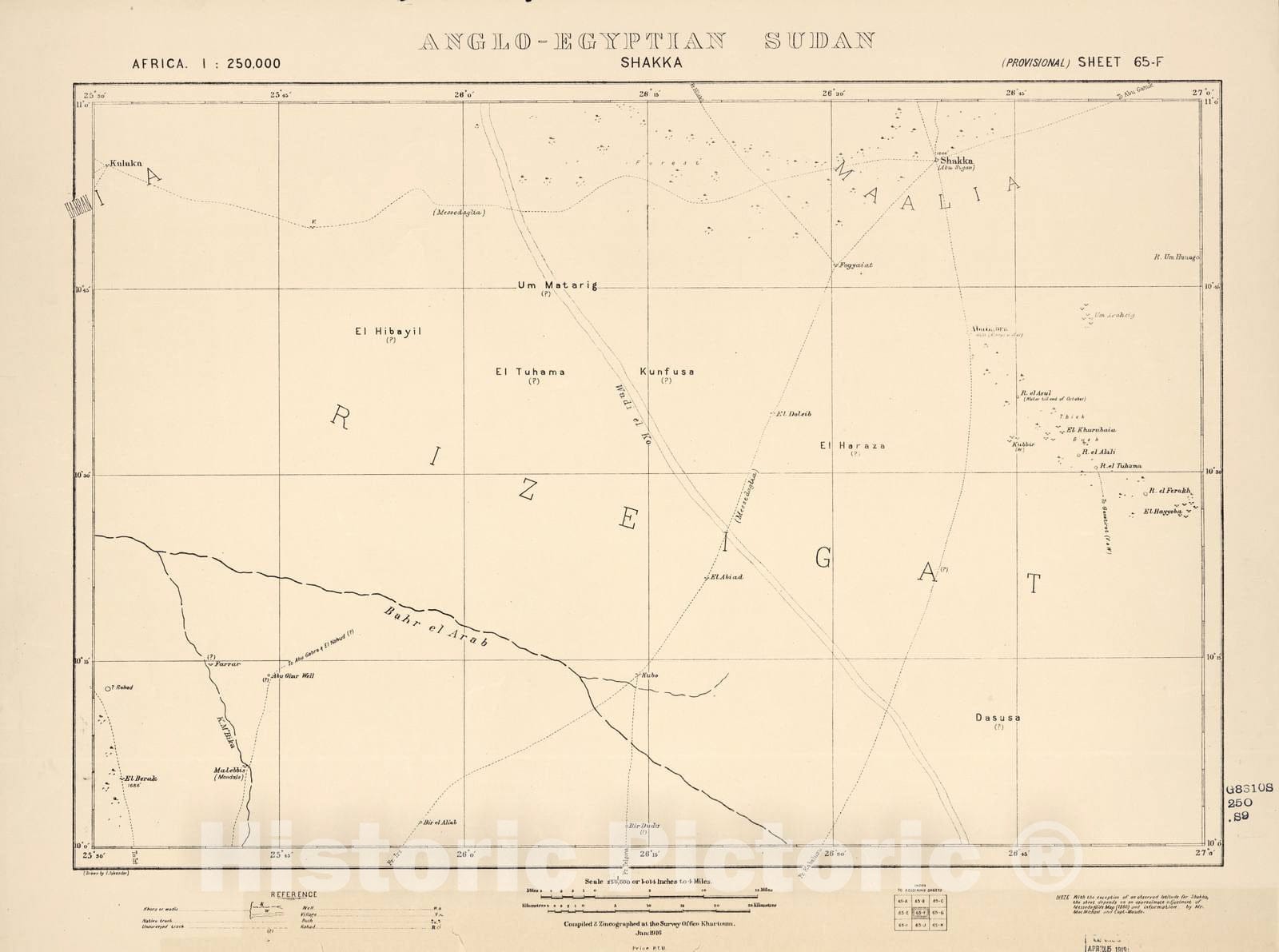 Historic 1909 Map - Sudan 1:250,000 - Shakka Sheet 65-F Jan 1916 - Anglo-Egyptian Sudan