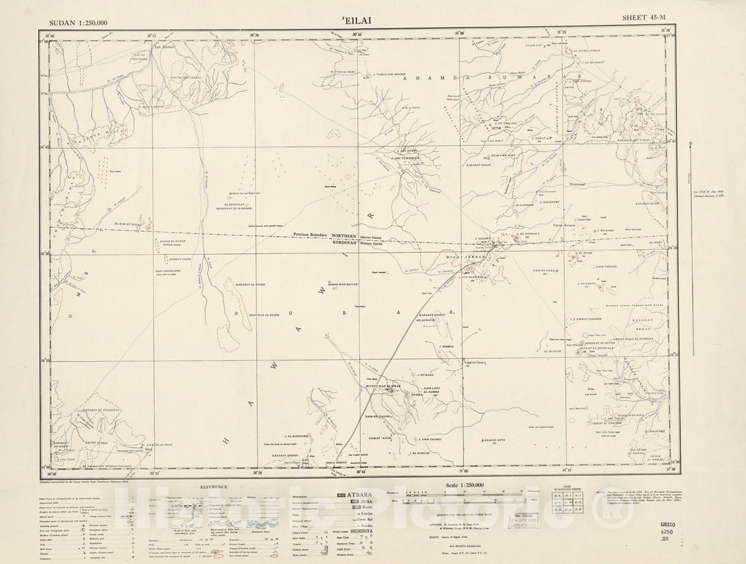 Historic 1909 Map - Sudan 1:250,000 - Eilai Sheet 45-M Apr 1956 - Anglo-Egyptian Sudan