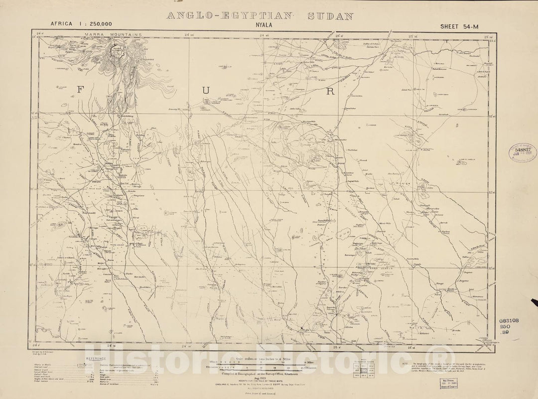 Historic 1909 Map - Sudan 1:250,000 - Nyala Sheet 54-M Aug 1921 - Anglo-Egyptian Sudan