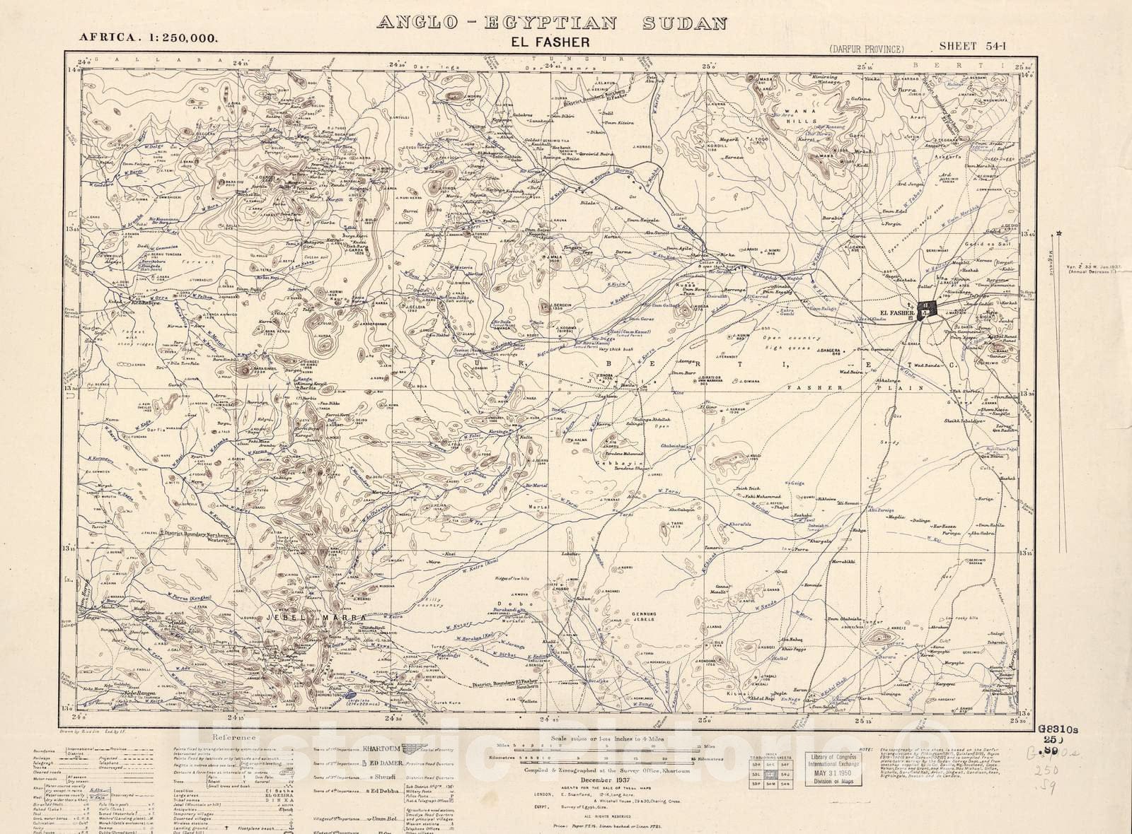 Historic 1909 Map - Sudan 1:250,000 - El Fasher Sheet 54-I Dec 1937 - Anglo-Egyptian Sudan