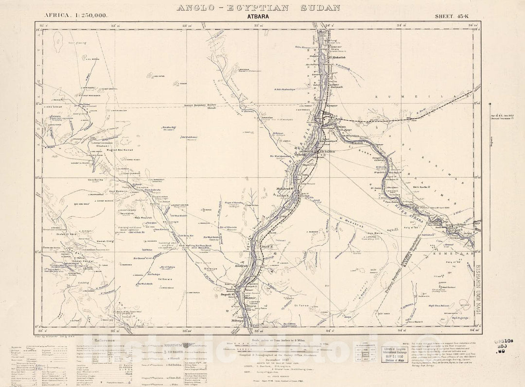 Historic 1909 Map - Sudan 1:250,000 - Atbara Sheet 45-R Dec 1937 - Anglo-Egyptian Sudan