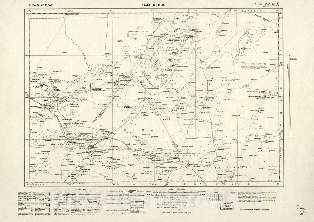 Historic 1909 Map - Sudan 1:250,000 - Kaja Serug Sheet ND-35-K (Old Number 54-K) Nov 1935 - Anglo-Egyptian Sudan