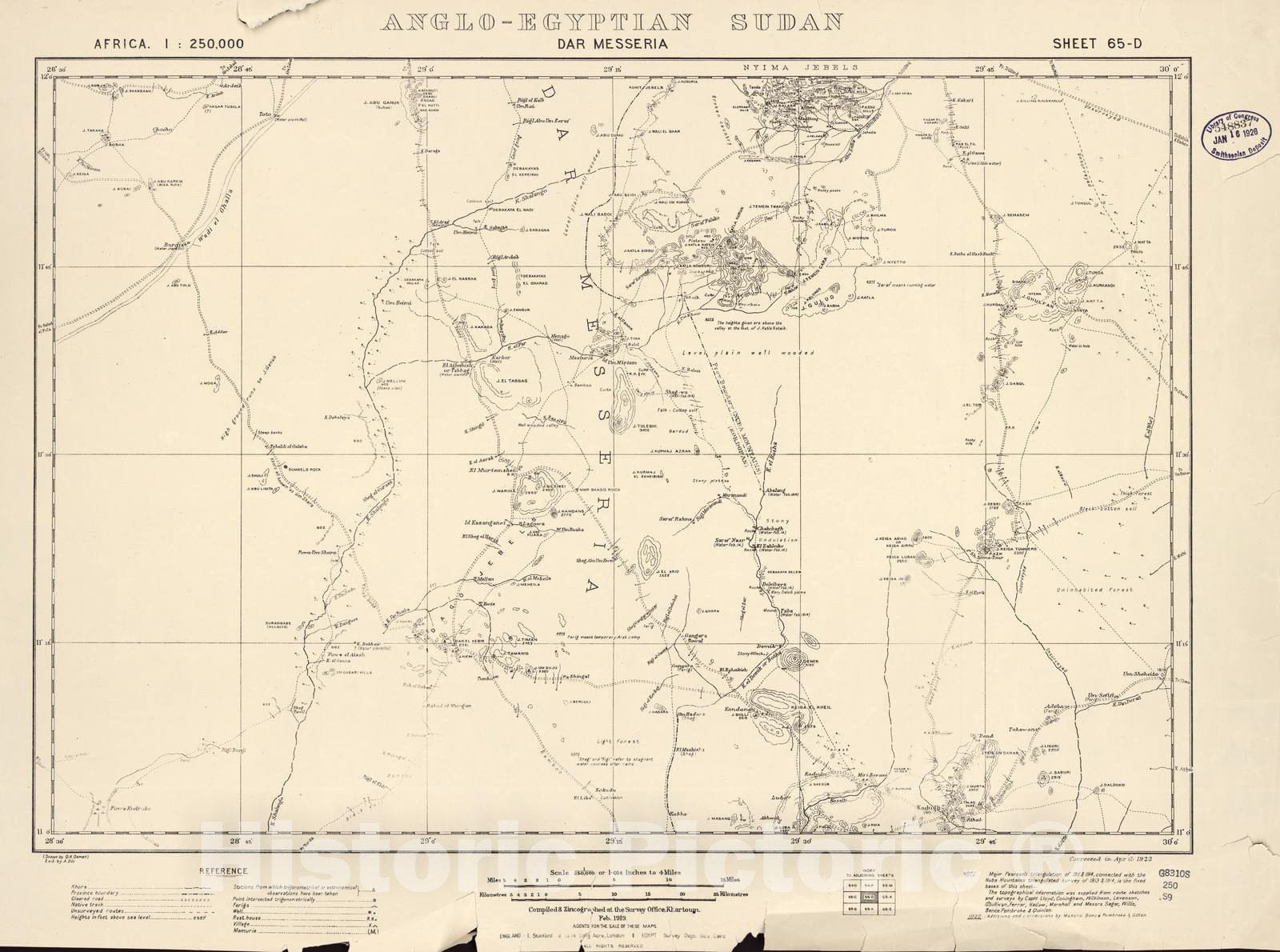 Historic 1909 Map - Sudan 1:250,000 - DAR Messeria Sheet 65-D Feb 1919 - Anglo-Egyptian Sudan