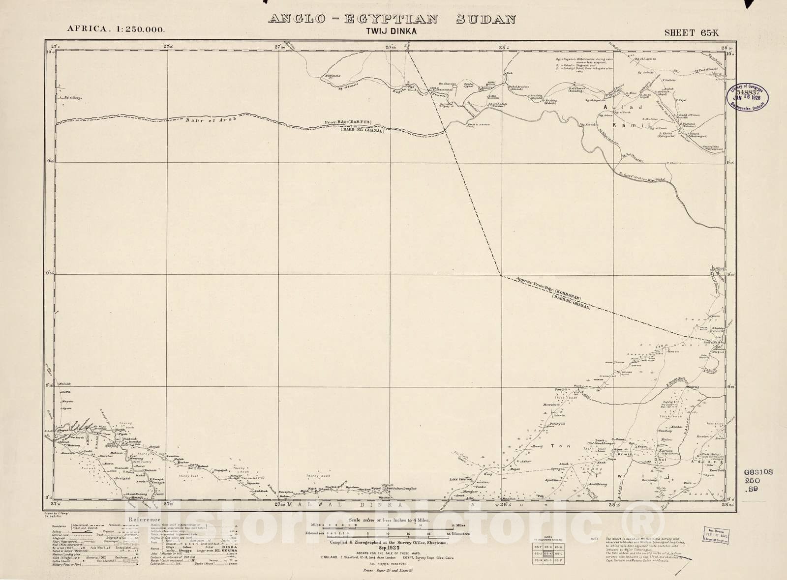 Historic 1909 Map - Sudan 1:250,000 - Twij Dinka Sheet 65-K Sep 1925 - Anglo-Egyptian Sudan