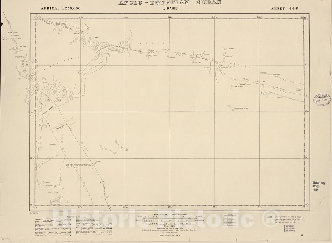 Historic 1909 Map - Sudan 1:250,000 - J. Rahib Sheet 44-K Dec 1922 - Anglo-Egyptian Sudan