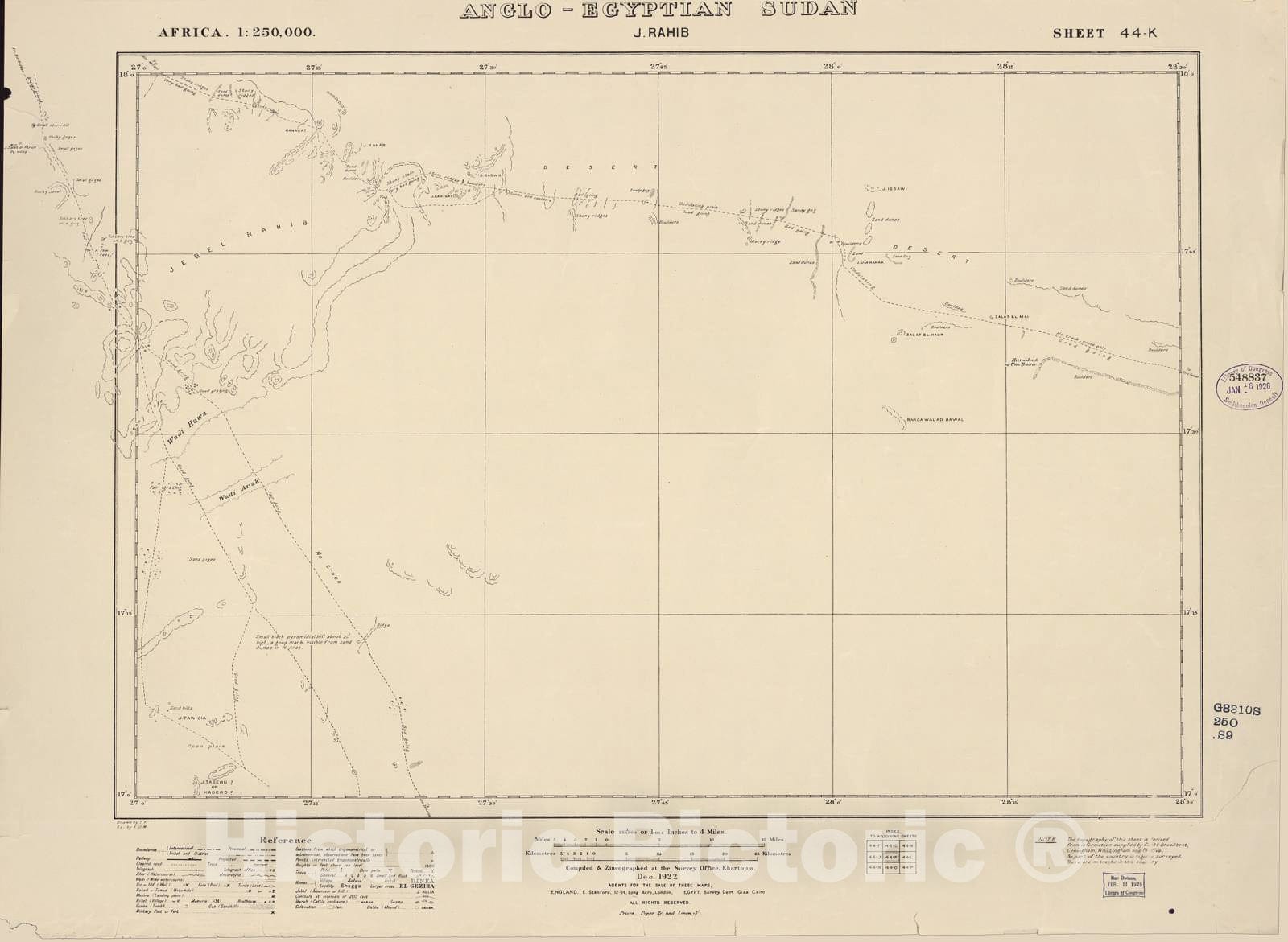 Historic 1909 Map - Sudan 1:250,000 - J. Rahib Sheet 44-K Dec 1922 - Anglo-Egyptian Sudan