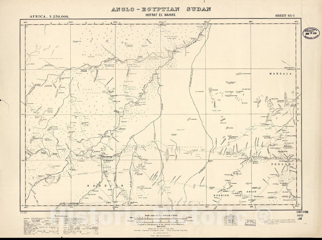 Historic 1909 Map - Sudan 1:250,000 - Hofrat El Nahas Sheet 65-I Feb 1925 - Anglo-Egyptian Sudan