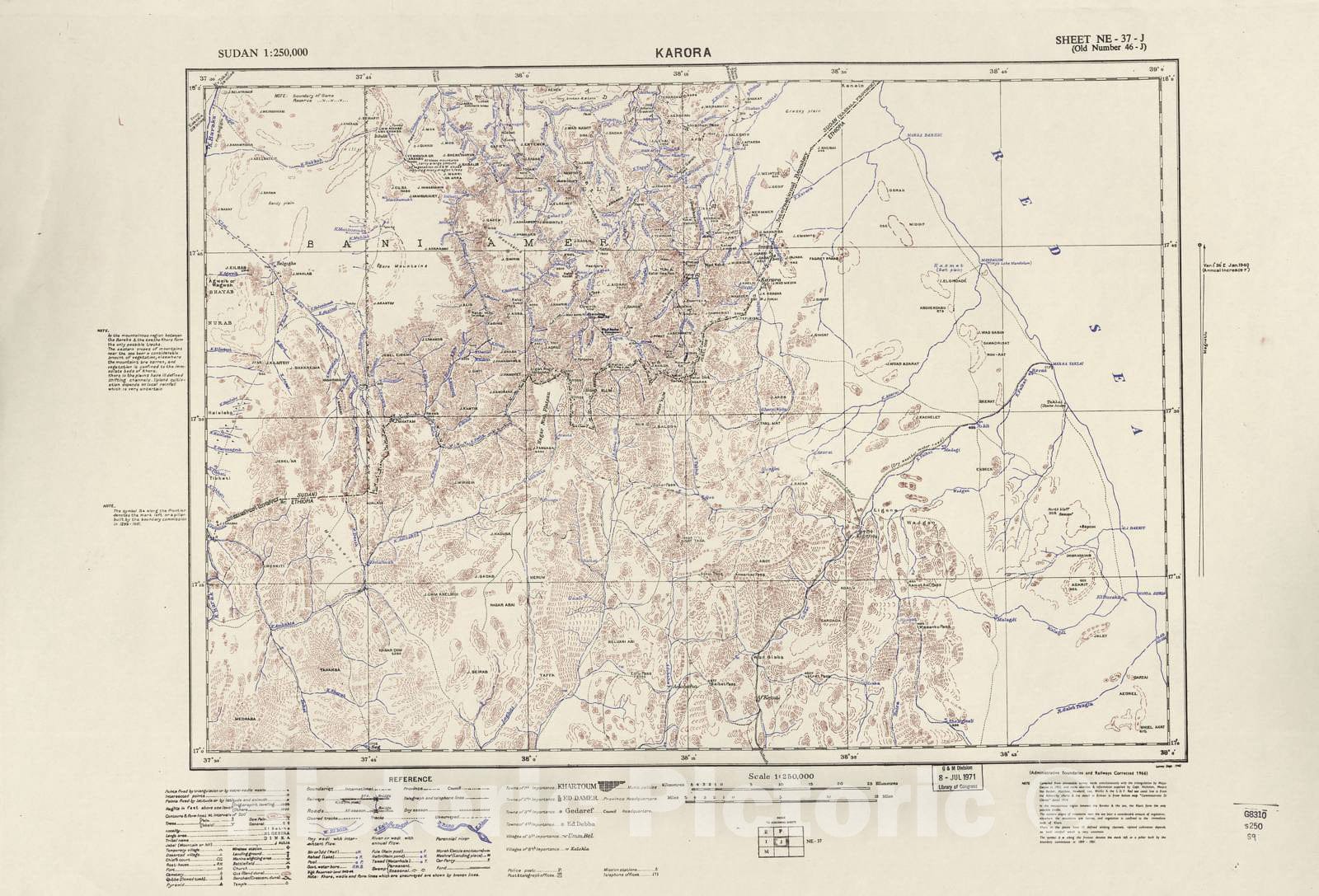 Historic 1909 Map - Sudan 1:250,000 - Karora Sheet NE-37-J (Old Number 46-J) 1966 - Anglo-Egyptian Sudan