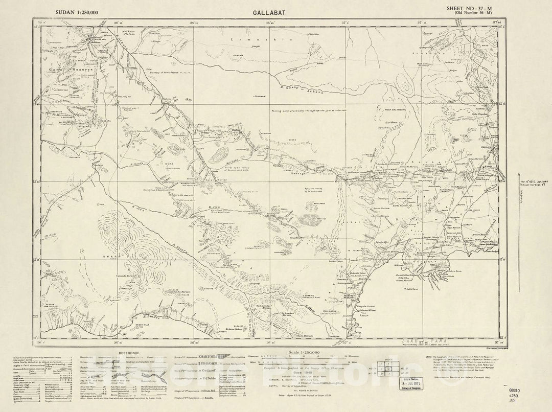 Historic 1909 Map - Sudan 1:250,000 - Gallabat Sheet ND-37-M (Old Number 56-M) Jun 1940 - Anglo-Egyptian Sudan