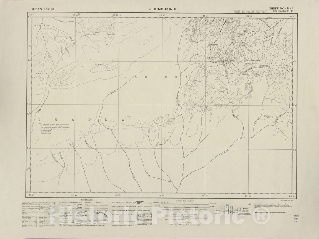 Historic 1909 Map - Sudan 1:250,000 - J. Rumbukindi Sheet NC-34-P (Old Number 64-P) Dec 1932 - Anglo-Egyptian Sudan