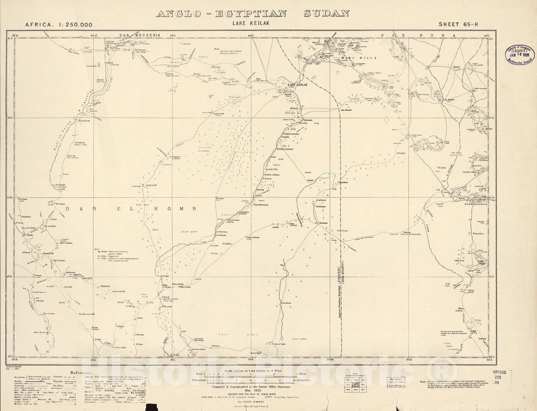 Historic 1909 Map - Sudan 1:250,000 - Lake Keilak Sheet 65-H Mar 1922 - Anglo-Egyptian Sudan