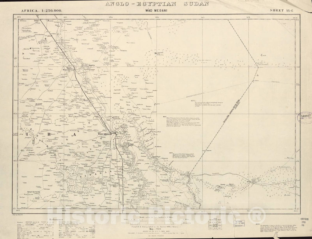 Historic 1909 Map - Sudan 1:250,000 - WAD Medani Sheet 55-G May 1923 - Anglo-Egyptian Sudan