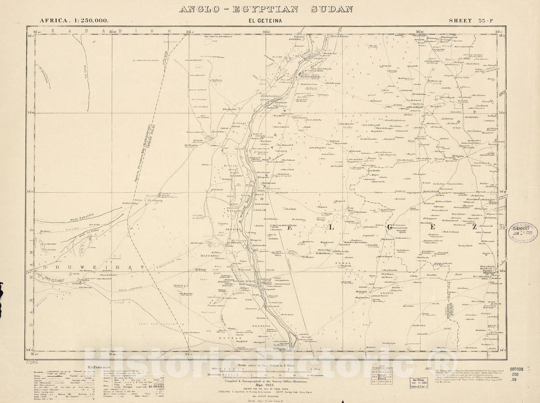 Historic 1909 Map - Sudan 1:250,000 - El Geteina Sheet 55-F Mar 1923 - Anglo-Egyptian Sudan