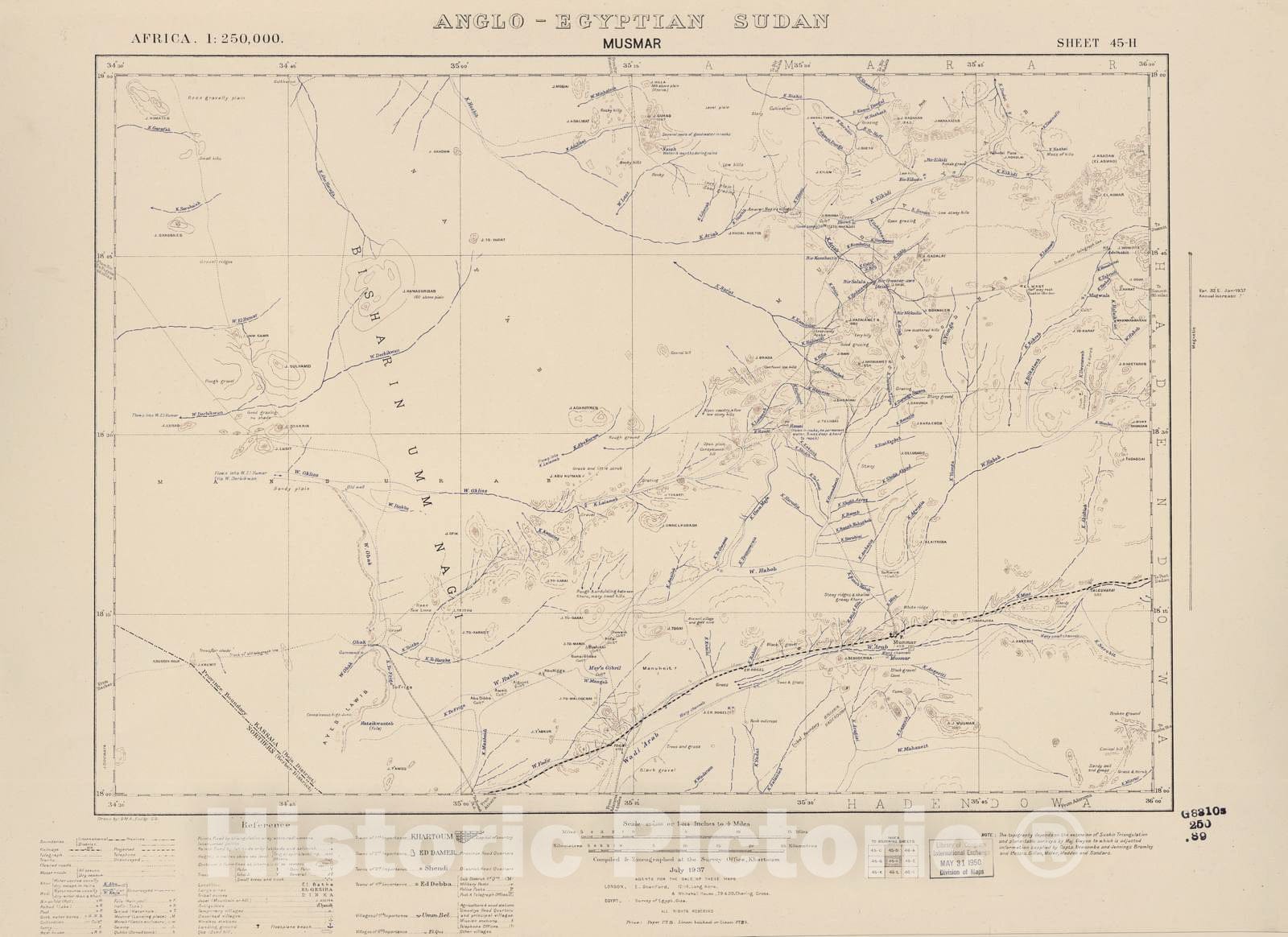 Historic 1909 Map - Sudan 1:250,000 - Musmar Sheet 45-H Jul 1937 - Anglo-Egyptian Sudan