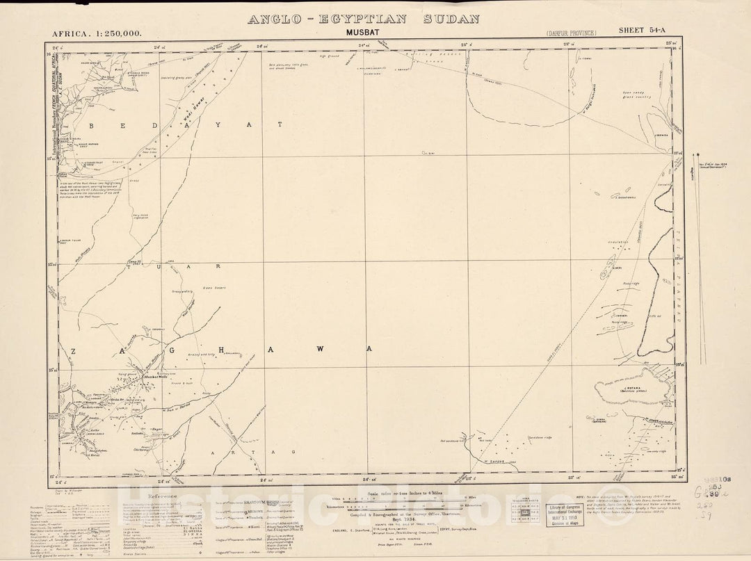 Historic 1909 Map - Sudan 1:250,000 - Musbat Sheet 54-A Sep 1934 - Anglo-Egyptian Sudan