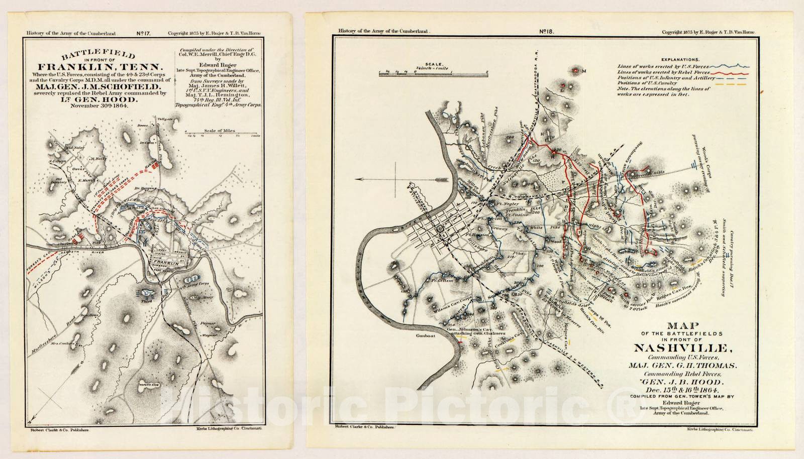 Historic 1875 Map - History of The Army of The Cumberland - No. 17 - Franklin, TN; No. 18 - Nashville, TN - Army of The Cumberland-Atlas