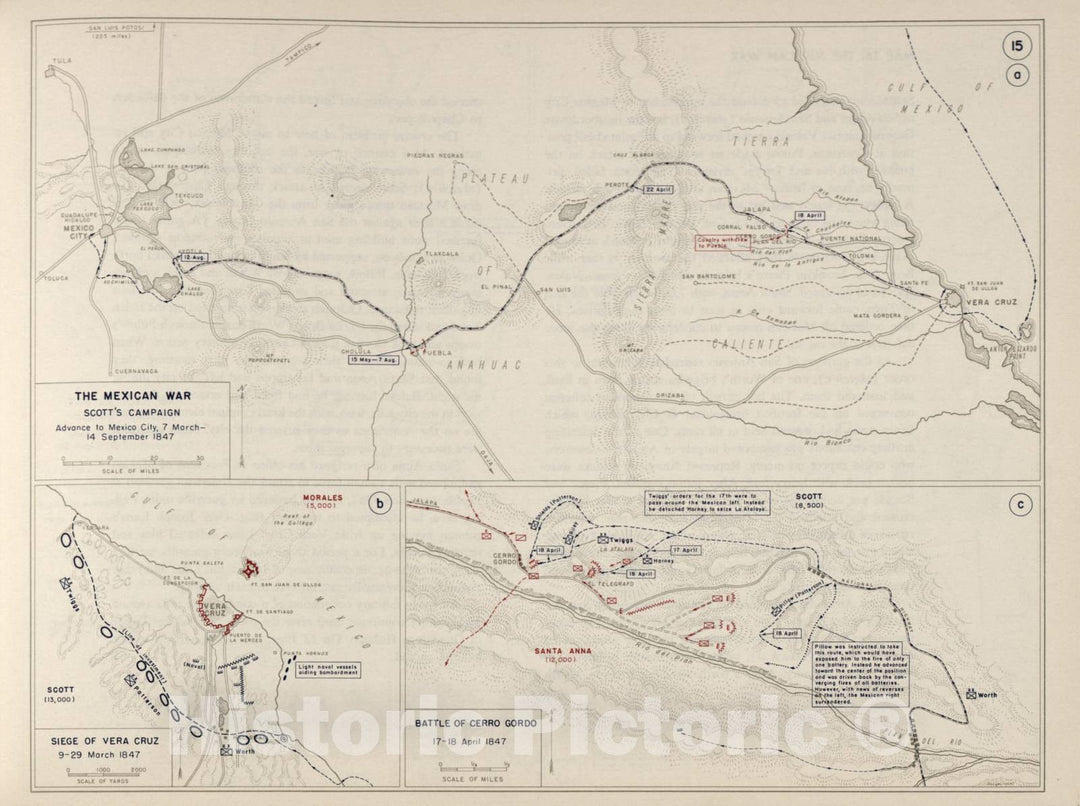 Historic 1962 Map - The West Point Atlas of The Civil War - Mexican War - Mexico City; Vera Cruz; Cerro Gordo, 1847