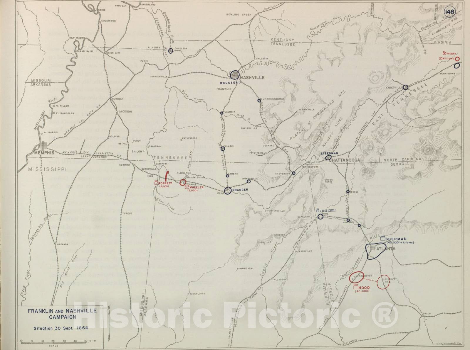 Historic 1959 Map - The West Point Atlas of American Wars - Franklin and Nashville Campaign, Oct. 1864 1