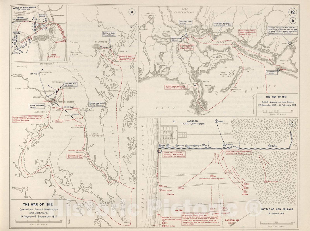 Historic 1962 Map - The West Point Atlas of The Civil War - War of 1812 - Washington and Baltimore;Bladensburg;New Orleans, 1814-1815