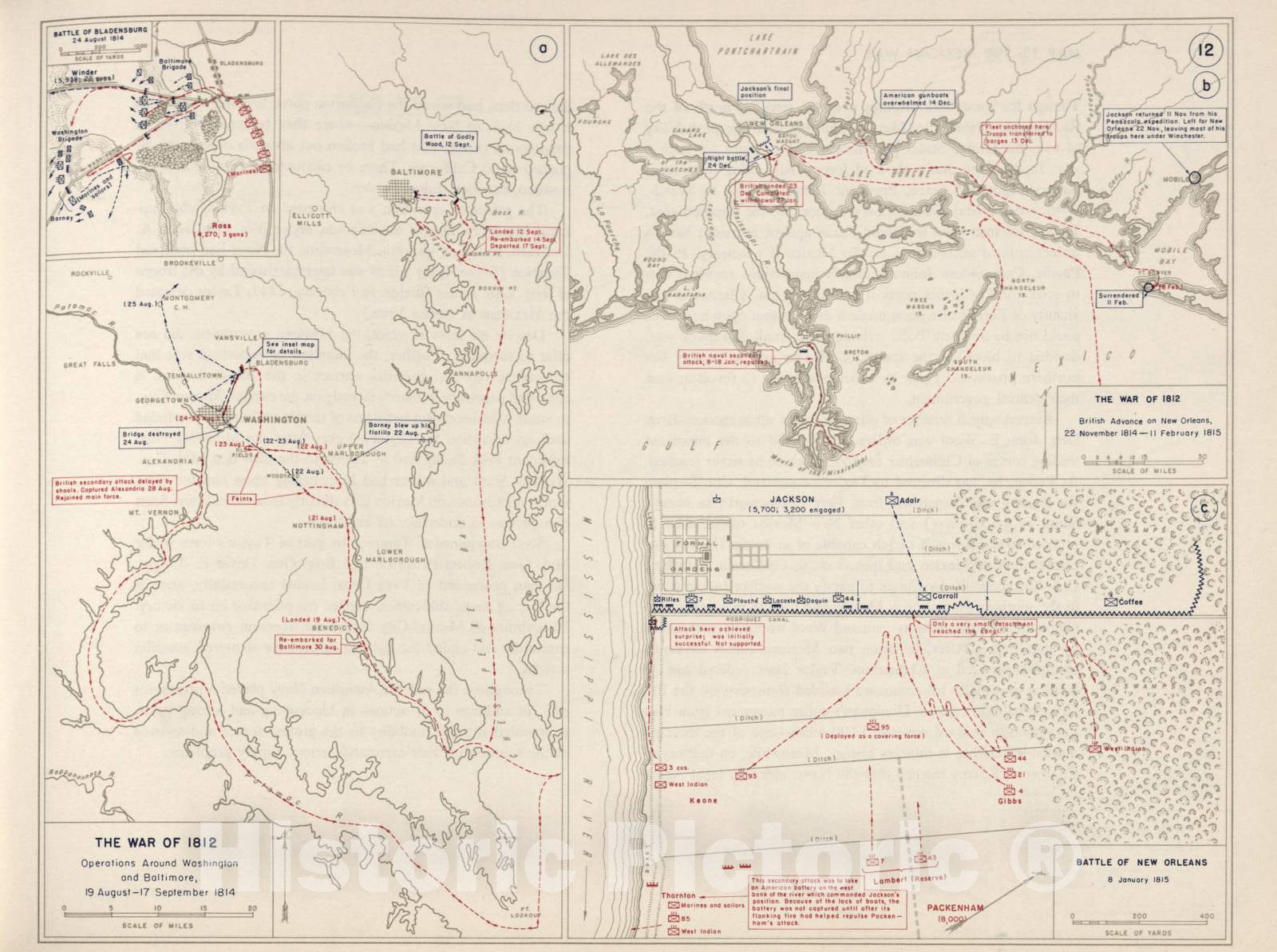 Historic 1962 Map - The West Point Atlas of The Civil War - War of 1812 - Washington and Baltimore;Bladensburg;New Orleans, 1814-1815