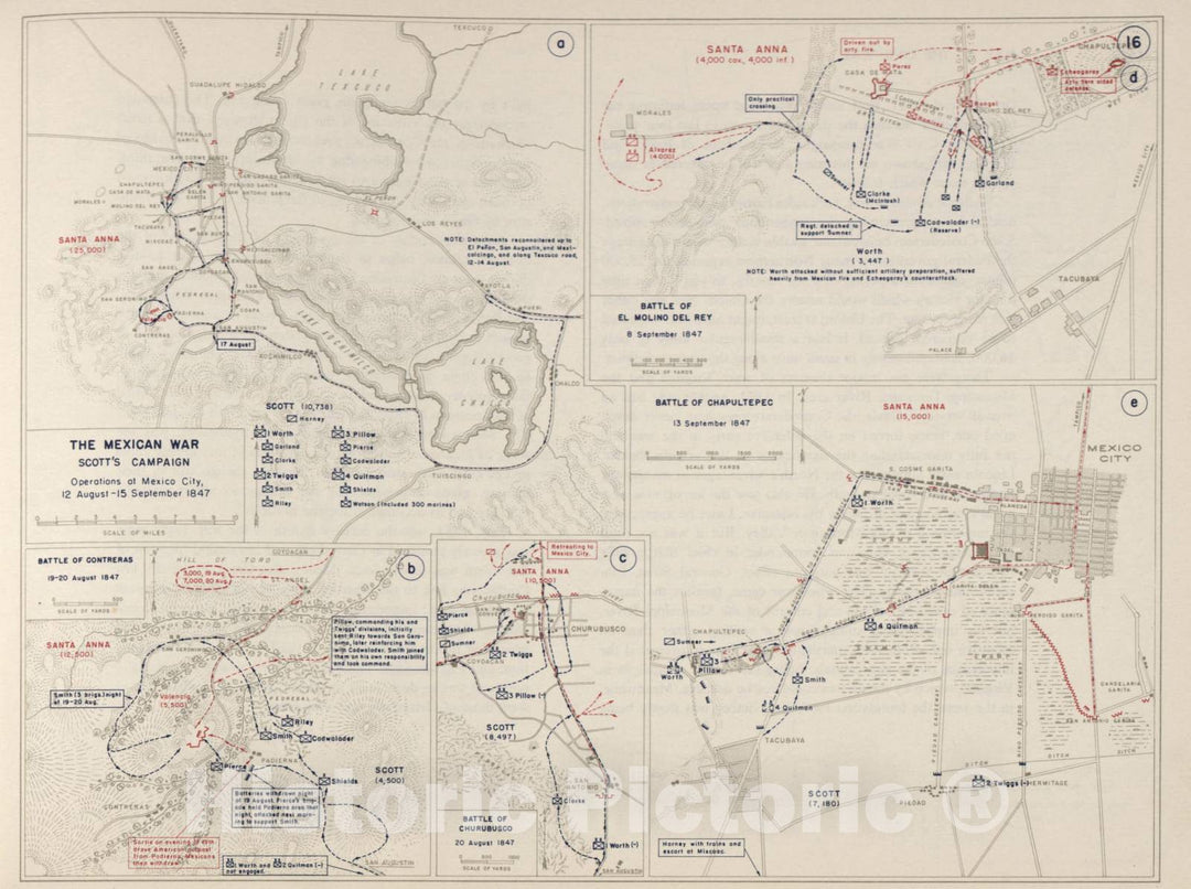 Historic 1962 Map - The West Point Atlas of The Civil War - Mexican War -Mexico City;Contreras;Churubusco;El Molino del Ray;Chapultepec