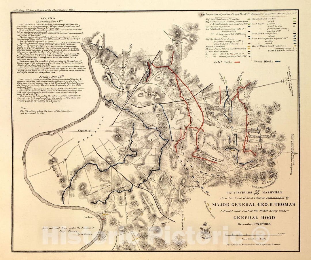 Historic 1883 Map - Military maps of The United States. - Battlefields in Nashville,Tenn, commanded by Maj. Gen. Geo. H. Thomas,1864