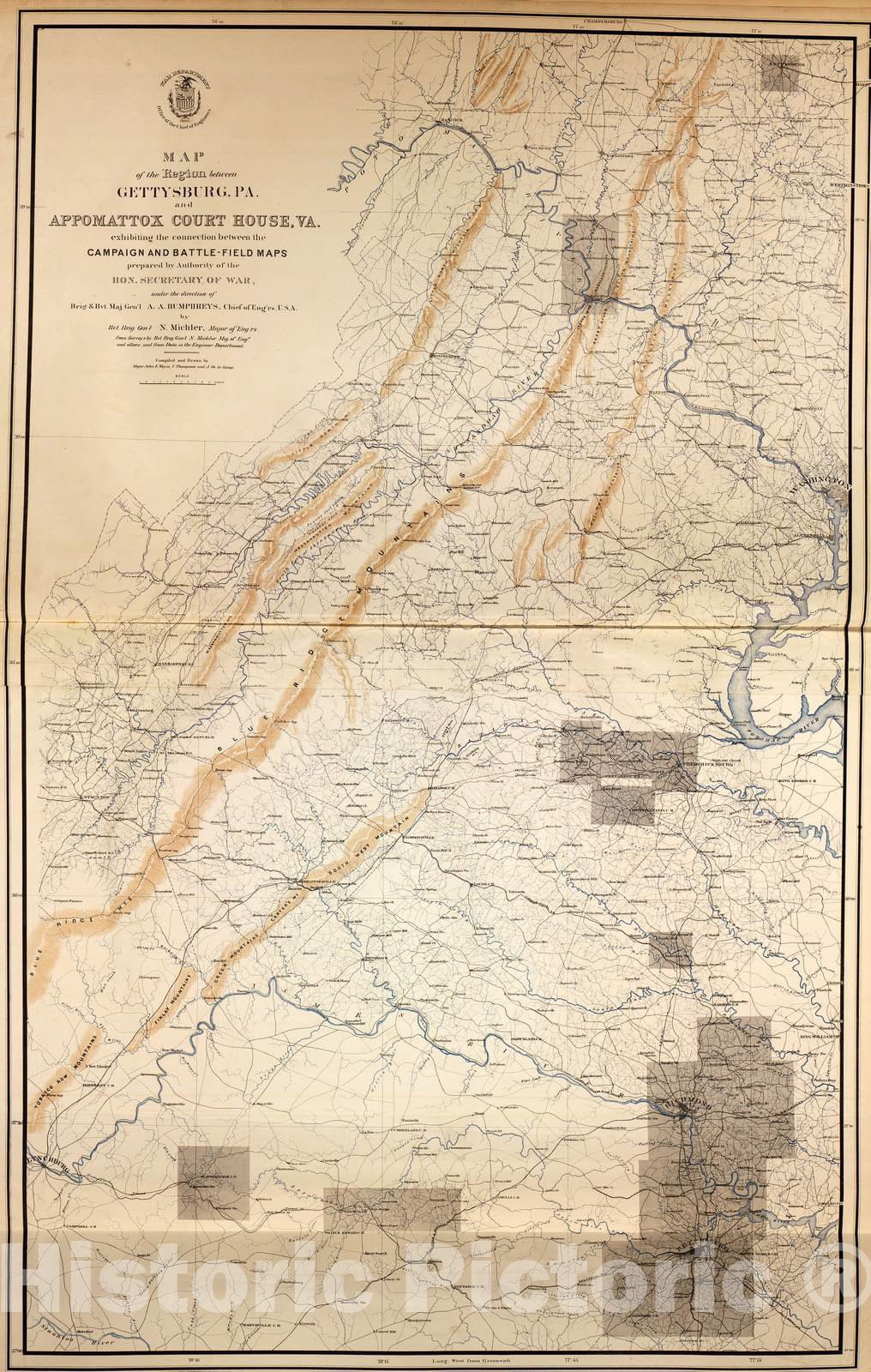 Historic 1883 Map - Military maps of The United States. - Map of Region Between Gettysburg, Pa. and Appomattox Court House, Va, 1869