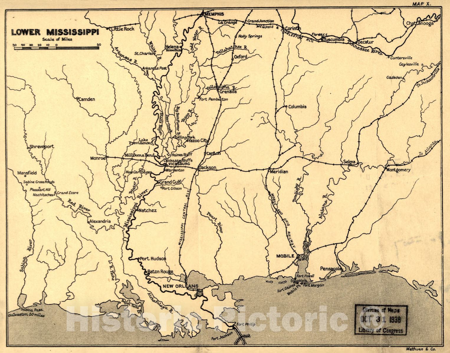 Historic 1905 Map - Maps, Wood's Civil War in The United States. - Lower Mississippi (Map 10)