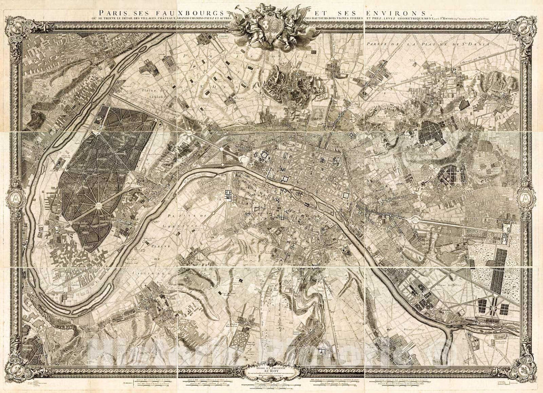 Historic 1731 Map - Paris, SES fauxbourgs et SES Environs : oÃ¹ se trouve le dÃ©tail des Villages, chÃ¢teaux, gands chemins pavez, et autres, des hauteurs, Bois, vignes, terres, et Prez