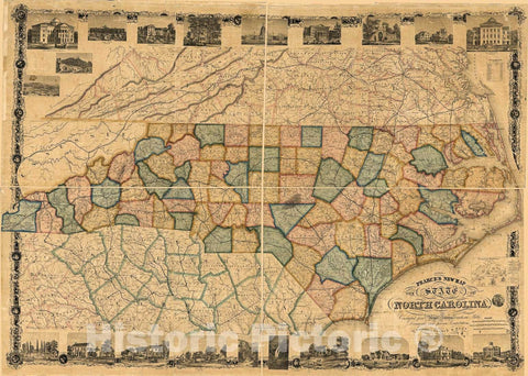 Historic 1870 Map - Pearce's New map of The State of North Carolina : Constructed from Actual surveys, Authentic Public documents and Private contributions.