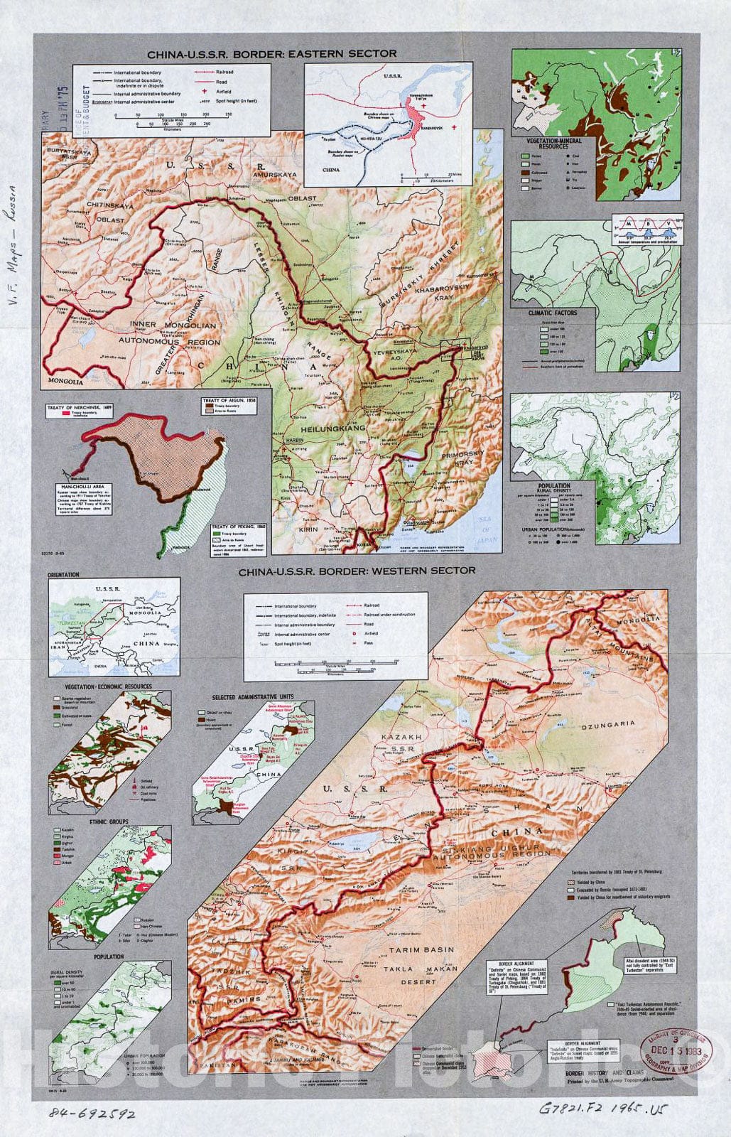 Historic 1965 Map - China-U.S.S.R. Border, Eastern Sector ; China-U.S.S.R. Border, Western Sector.