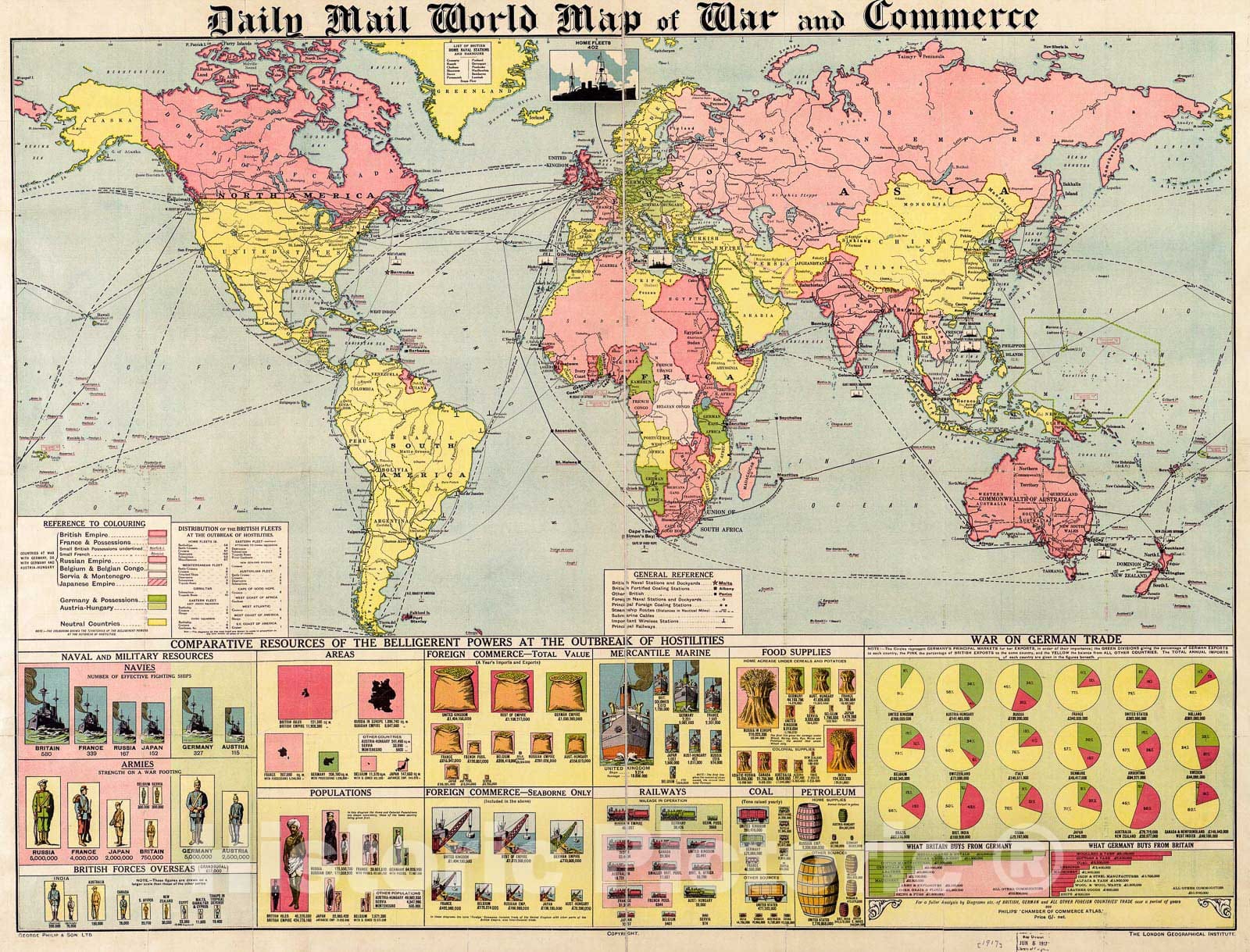 Historic 1917 Map - Daily Mail World map of war and Commerce