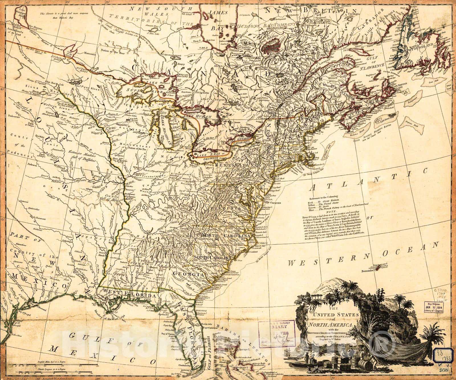 Historic 1785 Map - The United States of North America, with The British & Spanish Territories According to The Treaty of 1784.