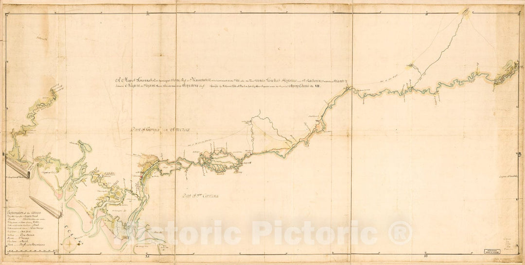 Historic 1752 Map - A map of Savannah River Beginning at Stone-Bluff, or Nexttobethell, which continueth to The sea; Also, The Four Sounds SavaÃ±ah, Warsaw, Hossabaw, and St. Katharines