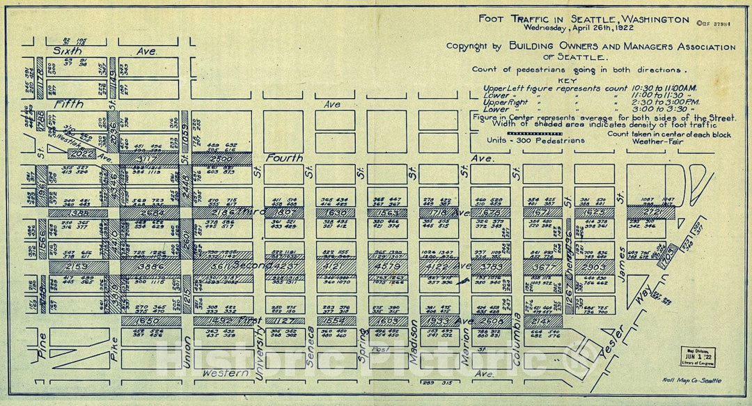 Historic 1922 Map - Foot Traffic in Seattle, Washington, Wednesday, April 26th, 1922.