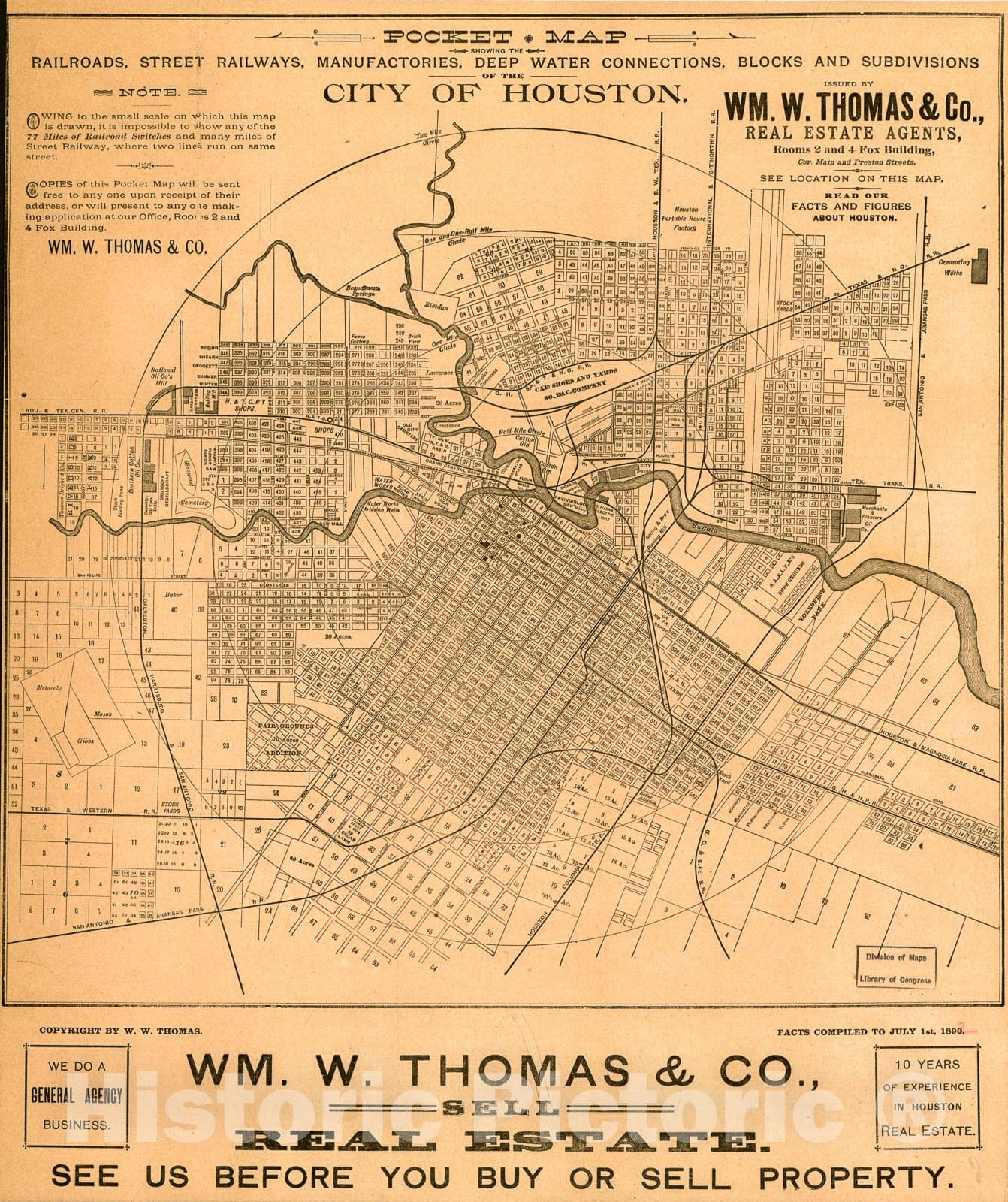 Historic 1890 Map - Pocket map Showing The Railroads, Street Railways, manufactories, deep Water Connections, Blocks and subdivisions of The City of Houston