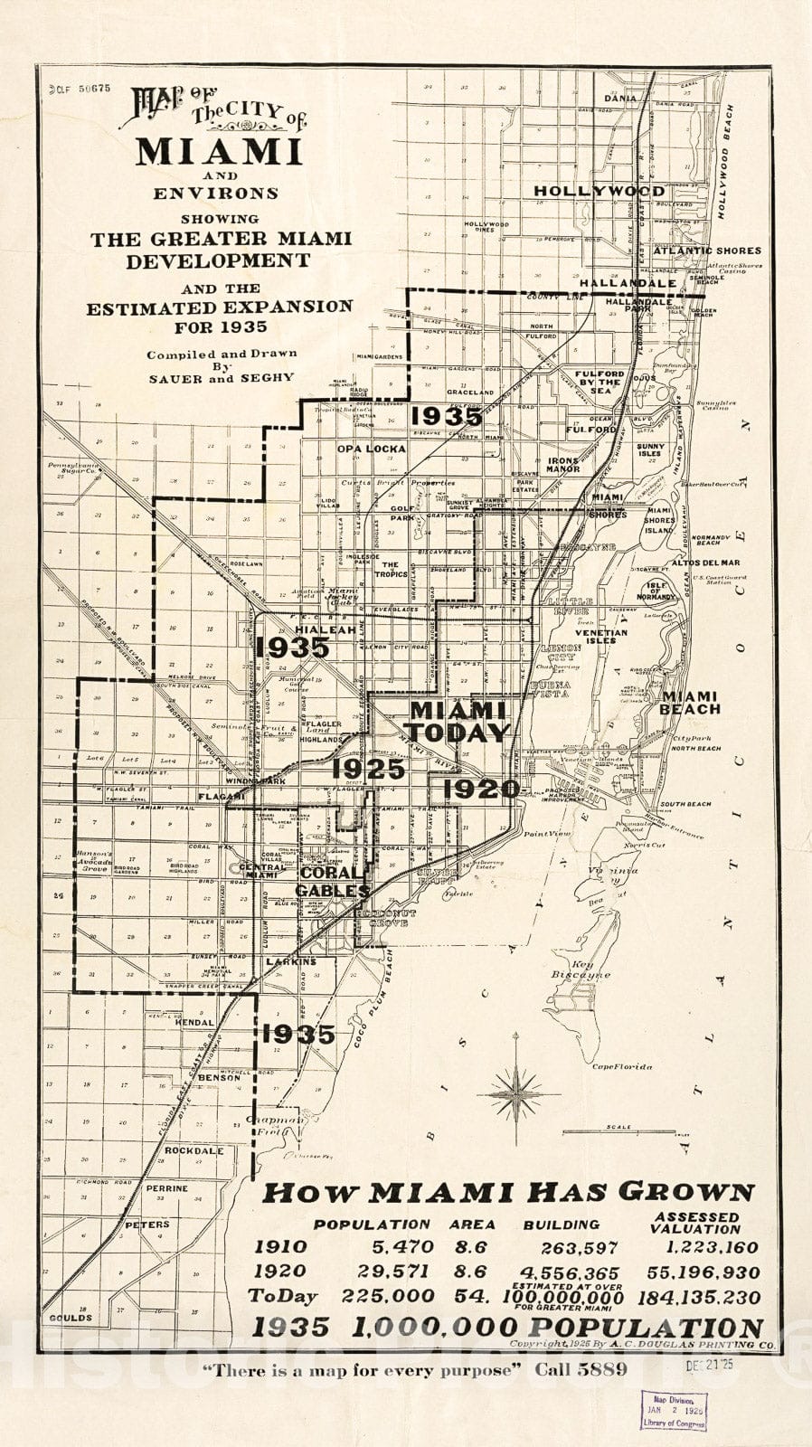 Historic 1925 Map - Map of The City of Miami and Environs : Showing The Greater Miami Development and The Estimated Expansion for 1935