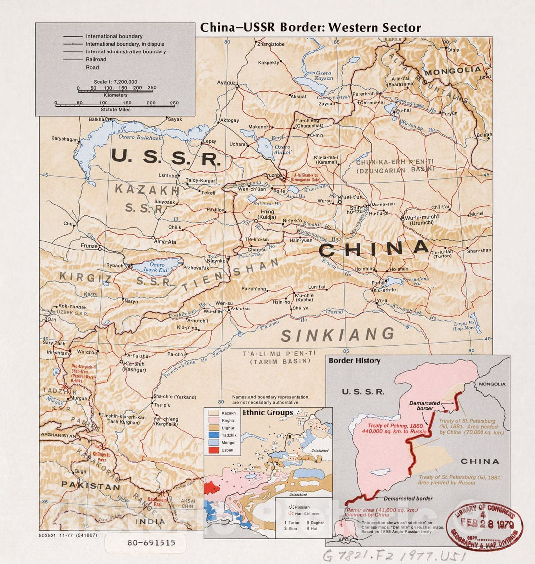 Historic 1977 Map - China-USSR Border, Western Sector.