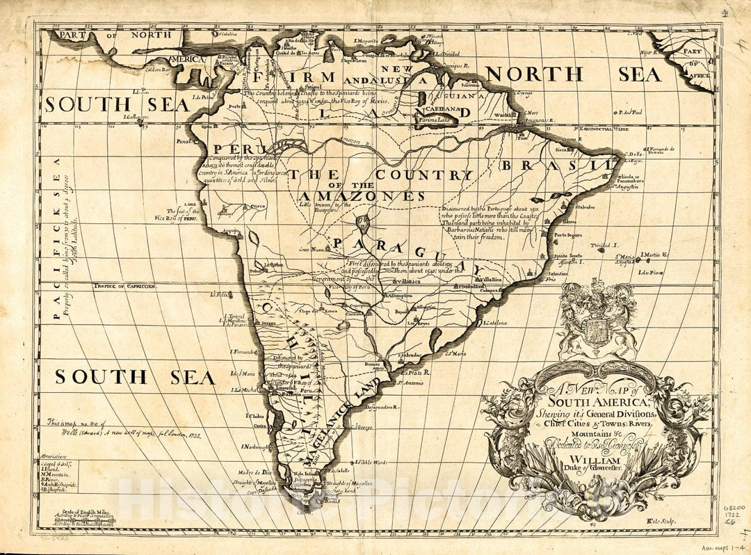 Historic 1722 Map - A New map of South America, shewing It's General divisions, Chief Cities & Towns; Rivers, Mountains & c.