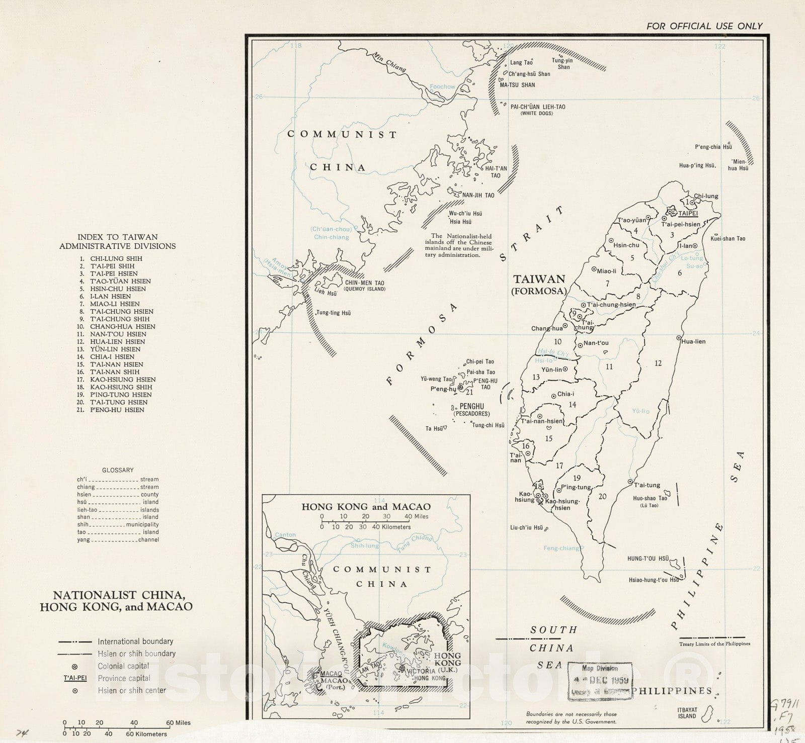 Historic 1958 Map - Nationalist China, Hong Kong, and Macao.