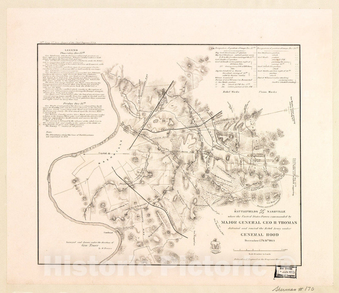 Historic 1864 Map - Battlefields in Front of Nashville Where The United States Forces commanded by Major General Geo. H. Thomas Defeated and routed The Rebel Army Under General Hood 2