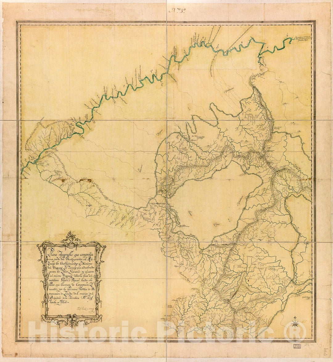 Historic 1780 Map - Plano topografico que comprende UNA Parte del Montegrande, el Rio Yacuy, Los establecimentos y misiones del Uruguay