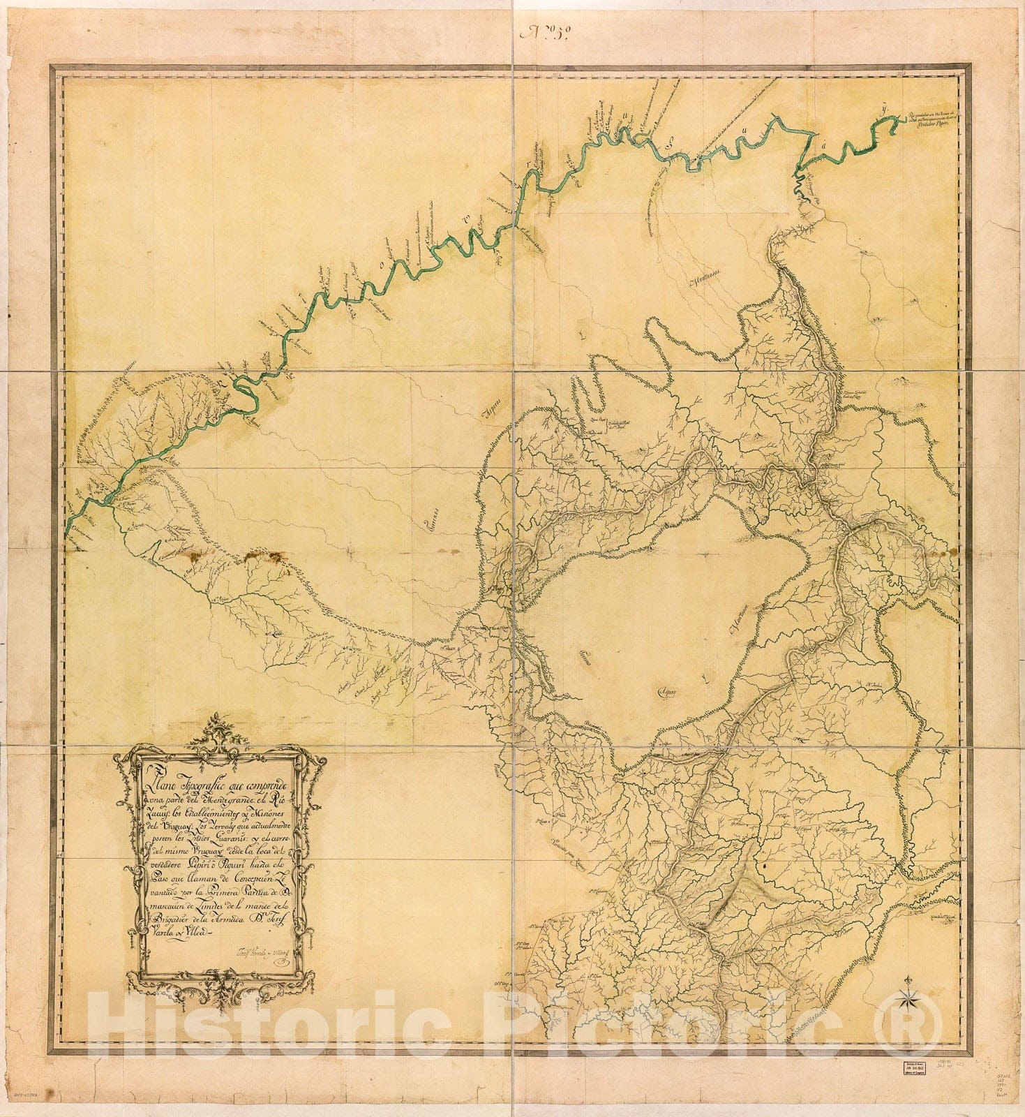 Historic 1780 Map - Plano topografico que comprende UNA Parte del Montegrande, el Rio Yacuy, Los establecimentos y misiones del Uruguay