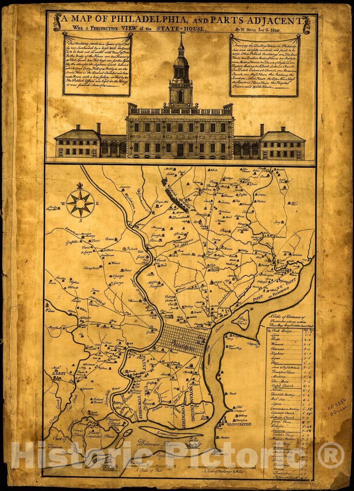 Historic 1752 Map - A map of Philadelphia and Parts Adjacent : with a Perspective View of The State-House