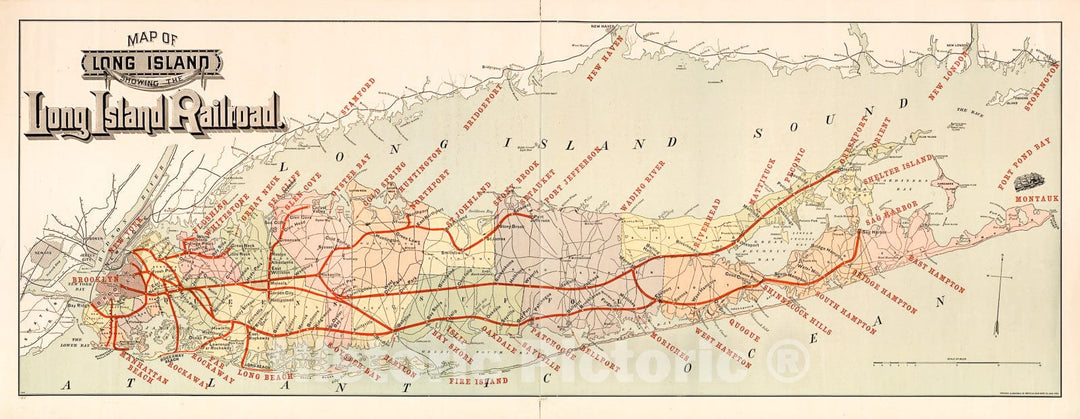 Historic 1895 Map - Map of Long Island Showing The Long Island Railroad