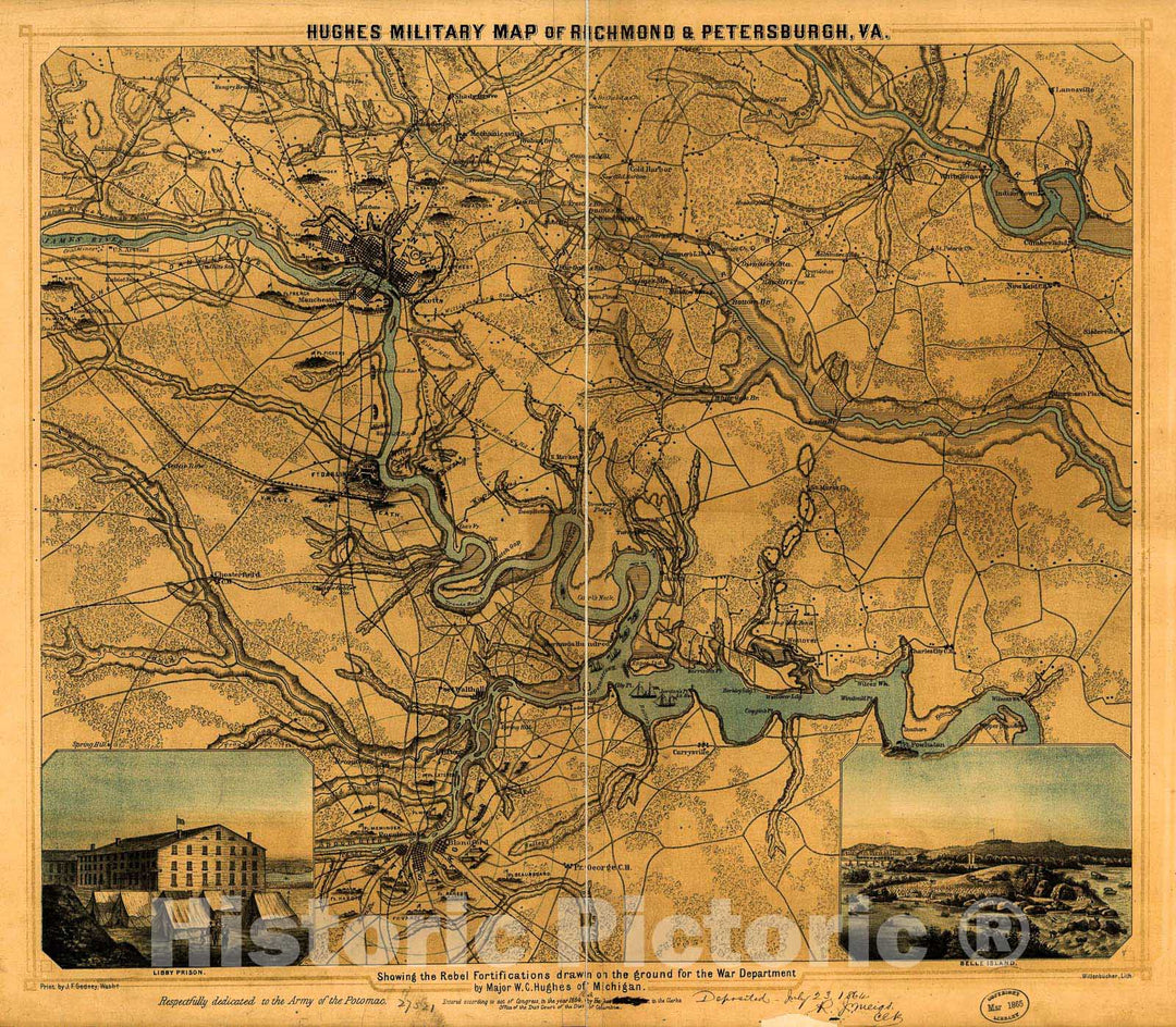 Historic 1864 Map - Hughes Military map of Richmond & Petersburgh sic, Va. Showing The Rebel fortifications Drawn on The Ground for The War Department by Major W. C. Hughes of Michigan