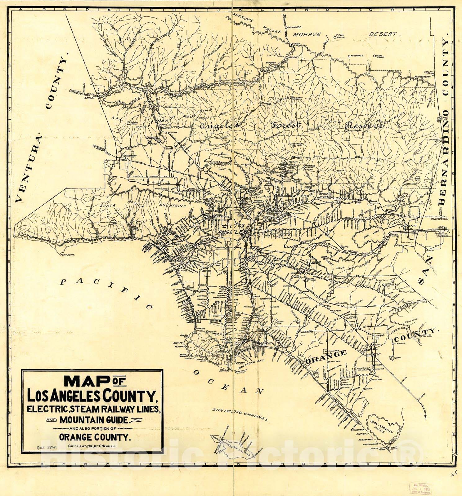 Historic 1912 Map - Map of Los Angeles County : Electric, Steam Railway Lines, and Mountain Guide and Also Portion of Orange County