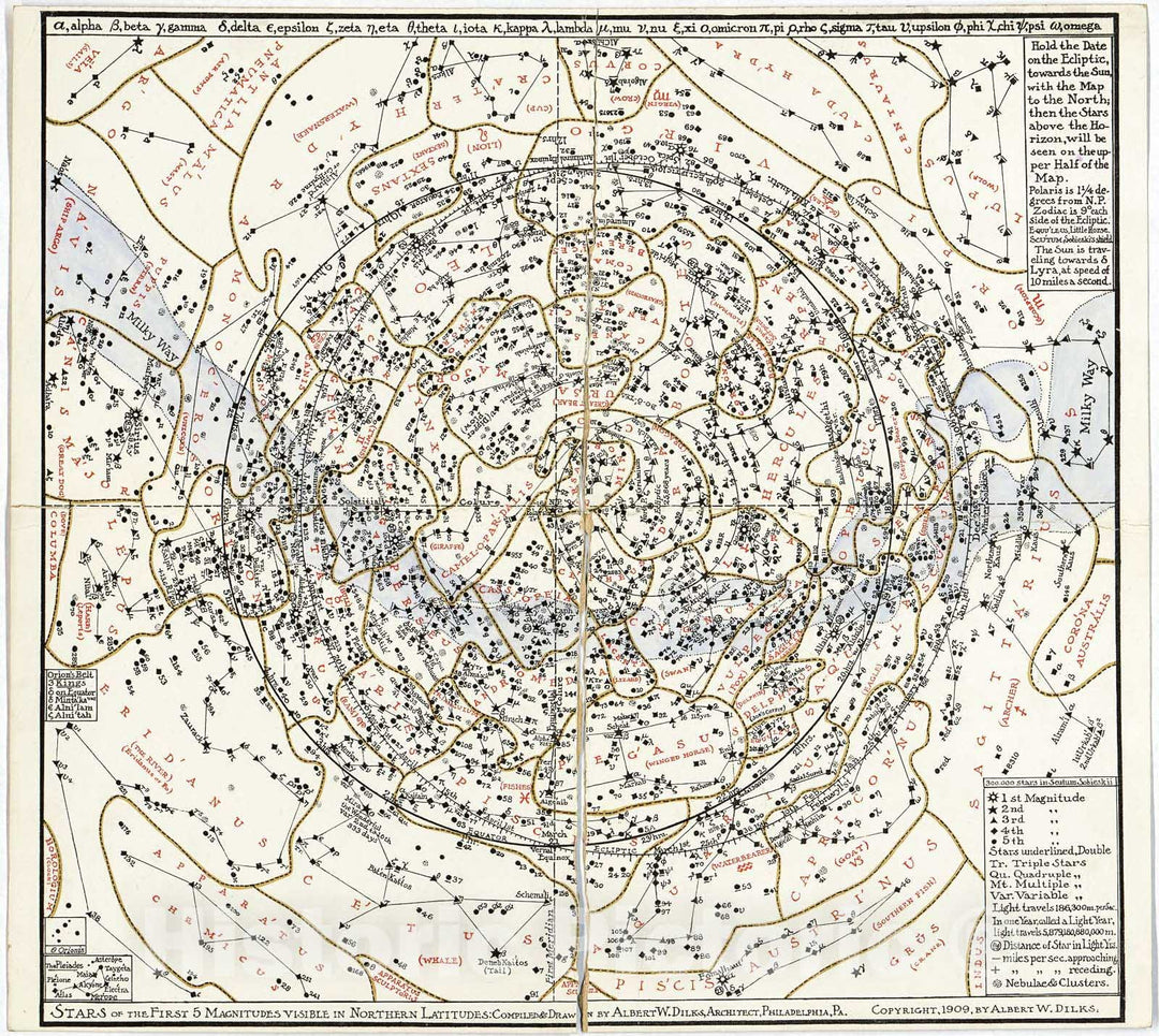 Historic 1909 Map - Stars of The First 5 magnitudes Visible in Northern latitudes 1